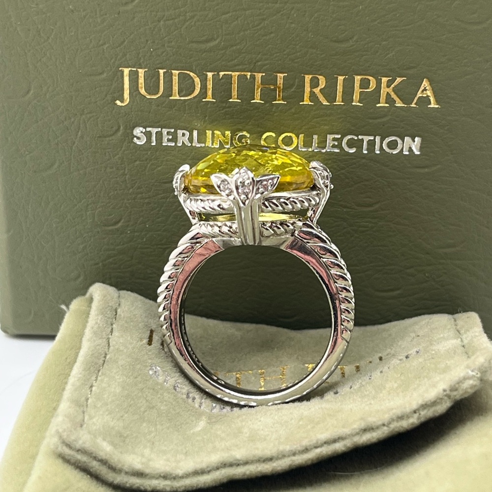 Judith Ripka Sterling Silver Yellow Lemon Quartz Faceted Checkerboard Ring